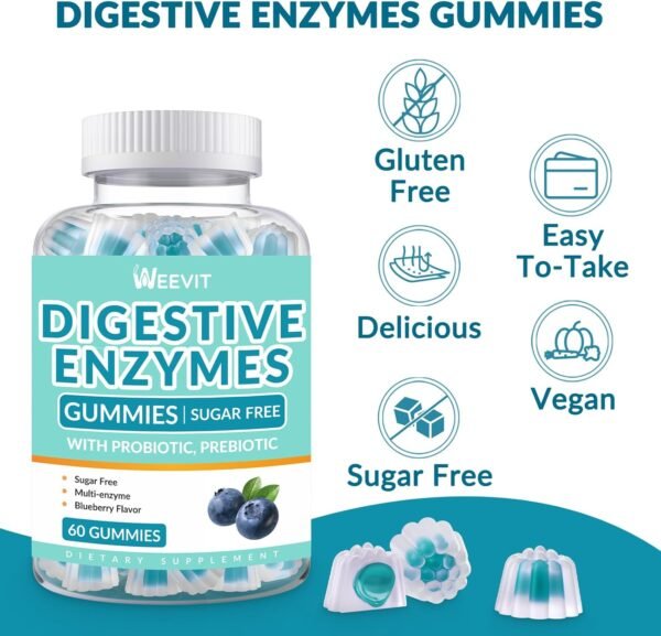 Digestive Enzymes Gummies - 2 Months Supply - Chewable Digestive Enzymes Gummy with Probiotics & Prebiotics Blend for Women Men, Sugar Free | Vegan | Blueberry Flavored (Pack of 2) - Image 6