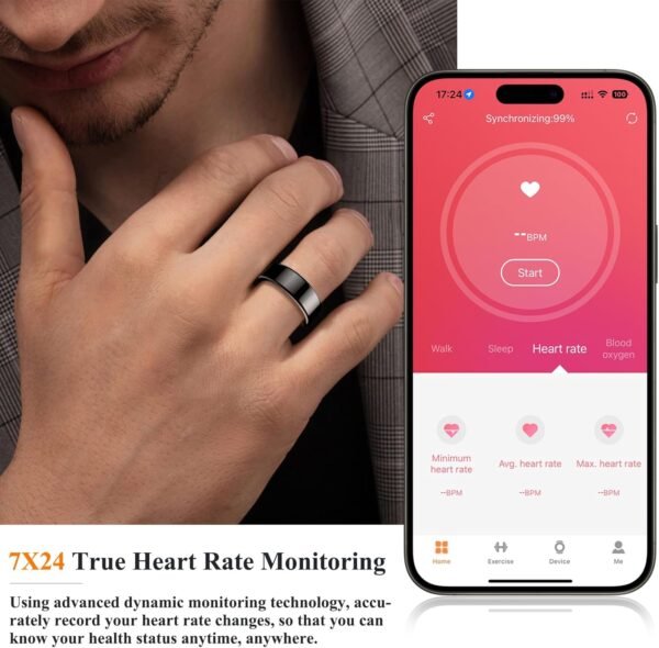 Smart Ring, Heart Rate/Sleep/Blood Oxygen Monitoring, Step Count, Wearable Fitness Tracker, APP Bluetooth Connected, IP68 Waterproof, 7 Days Battery Life, Black (Size 8) - Image 5