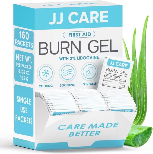 JJ CARE Burn Gel (Pack of 160), Soothing Burn Gel Packets for Minor Burns, First Aid Burn Gel Individual Packets with Lidocaine and Aloe Vera (0.9 Grams per Packet) - Image 2