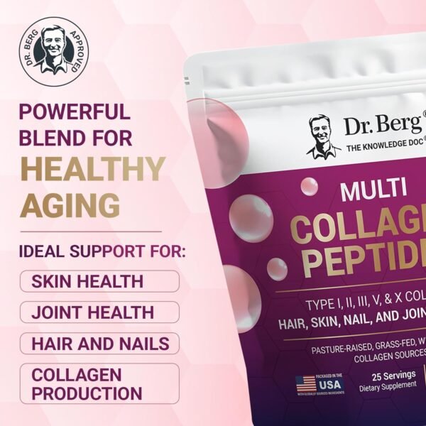 Dr. Berg Multi Collagen Peptides Powder Types I, II, III, V, X - Unflavored Collagen Powder w/ 14 g of Protein - Grass-Fed, Pasture-Raised & Wild-Caught Collagen Sources - 25 Servings - Image 3
