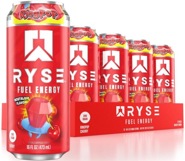 RYSE Fuel Sugar Free Energy Drink | Vegan Friendly, Gluten Free | No Fillers & No Artificial Colors | Low Calorie | 200mg Natural Caffeine | 12 Pack (Cherry Ring Pop) - Image 2