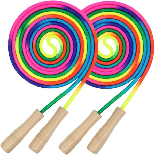16 FT Long Jump Rope for Kids, 2 Pack Adjustable Double Dutch Skipping Rope with Wooden Handle, Multiplayer Rainbow Jumping Rope for Outdoor Fun, School Sport, Party Game - Image 2