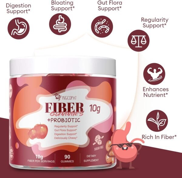 Fiber Gummies with Probiotics,10G Fiber per Serving No Sugar Added Apple Flavor, Fiber with 10 Billion CFU Probiotics Blend, Apple Cider Vinegar, Vitamin C, Inulin, Bloating Support 90 Count - Image 5