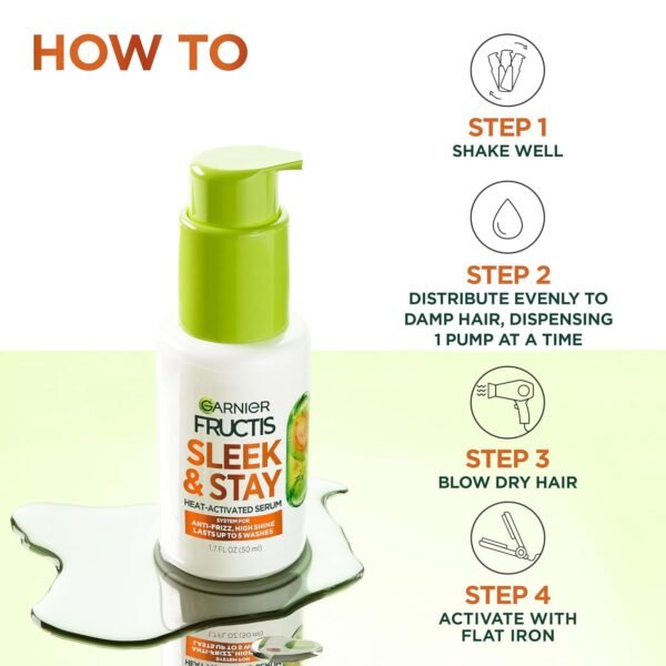 Garnier Fructis Sleek and Shine Sleek and Stay Hair Serum for Frizzy, Dry Hair, Heat Protectant Formulated with Alpha Silane, 1.7 Fl Oz - Image 5