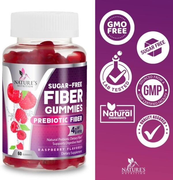 Fiber Supplement Gummies for Digestive Health & Regularity Support, Sugar-Free 4g Fiber Gummy for Adults, Daily Probiotic Supplements, Natural Prebiotic Fiber Gummy, Plant Based - 60 Gummies - Image 5