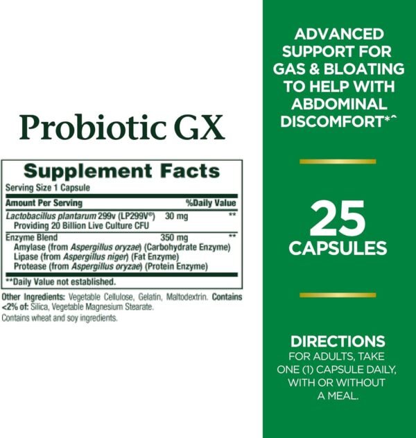 Probiotic, For Occasional Gas and Bloating Dietary Formula by Nature's Bounty, Dietary Supplement, Helps with Abdominal Discomfort, Promotes Digestive Health, 25 Capsules - Image 3