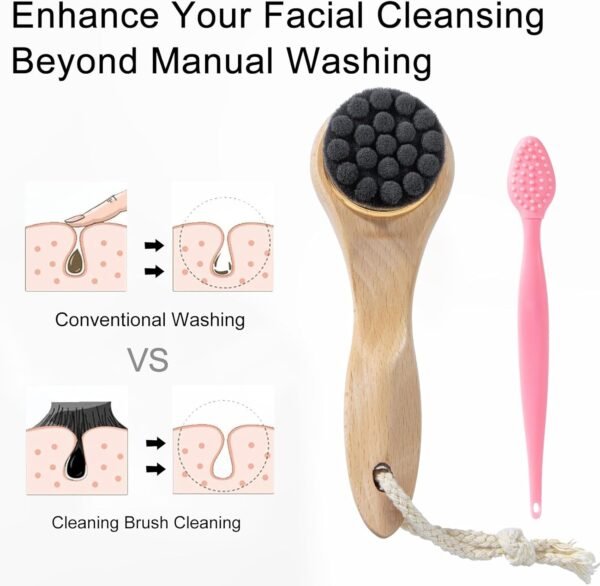 Face Scrubber with Wooden Handle, Manual Facial Cleansing Brushes for Deep Pore Cleansing, Soft Bamboo Charcoal Fiber Exfoliating Face Wash Brush and Silicone Lip Scrubber for Face Care, Black - Image 6