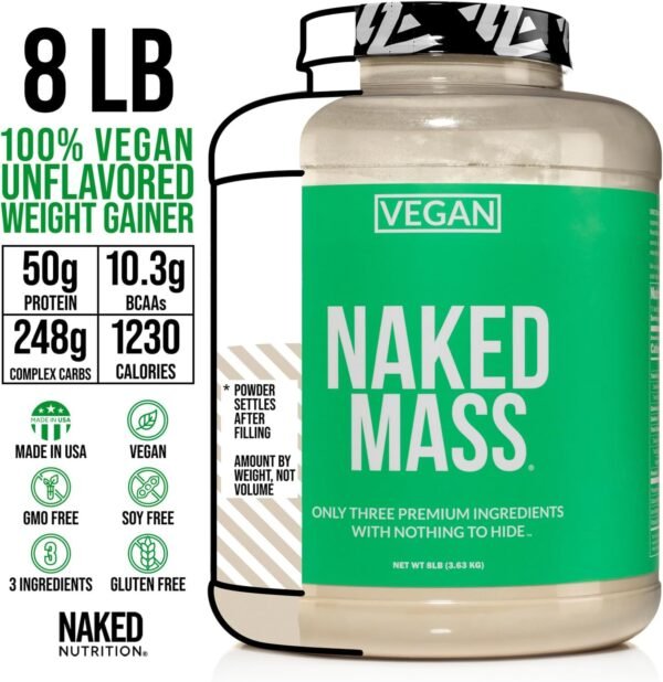 Naked Vegan Mass - Natural Vegan Weight Gainer Protein Powder - 8Lb Bulk, GMO Free, Gluten Free, Soy Free & Dairy Free. No Artificial Ingredients - 1,230 Calories - 11 Servings - Image 4