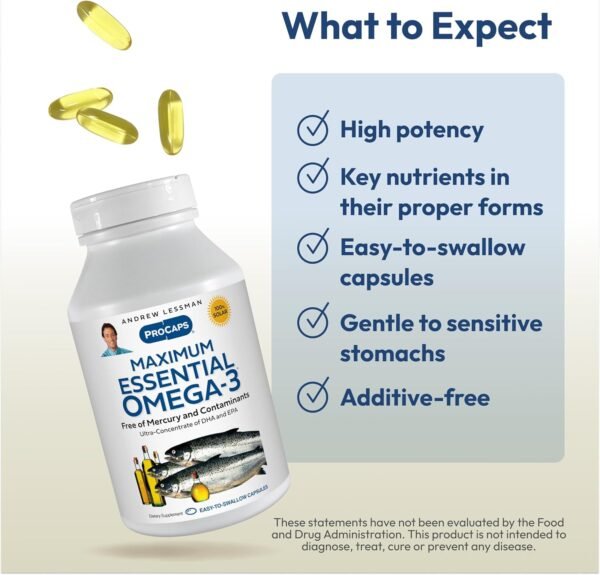 ANDREW LESSMAN Maximum Essential Omega-3 Unflavored, 60 Softgels - Ultra-Pure Omega-3 Fish Oil 1200 mg-High DHA, No Mercury Fish Oil Omega 3 Supplement-Small, Easy to Swallow Fish Oil Capsules - Image 5