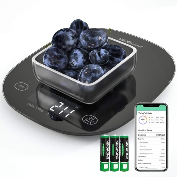 Digital Food Scale, WeGuard Kitchen Scale Weight Grams and oz with Nutritional Calculate via Smartphone APP, Food Weight Scale for Cooking, Baking, and Weight Loss, 5 Units, Tempered Glass Black - Image 2