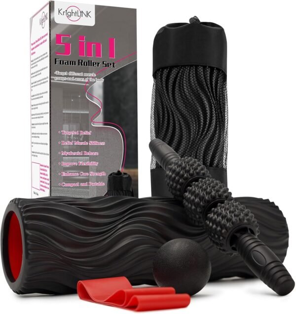 5 in 1 Foam Roller Set Muscle Massage Foam Ripple Roller for Deep Tissue Massage of The Back and Leg Muscles, Relieves Muscle Pain & Tightness, Improves Mobility (Black) - Image 2