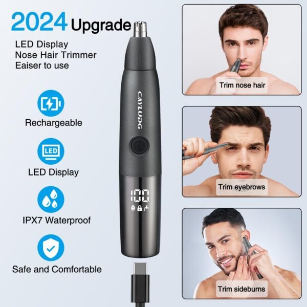 Nose Hair Trimmer for Men: 2025 Professional Rechargeable Painless Eyebrow Facial Ear Nose Hair Trimmer for Men Women, IPX7 Waterproof, LED Display Dual Edge Blades Clipper, Easy Cleaning - Image 3