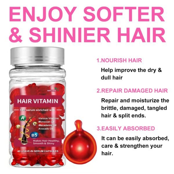 Hair Treatment Oil For Damaged Hair, Hair Treatment Serum For Frizzy & Dry Hair, Hair Vitamin Oil Capsules with Argan, Avocado, Moroccan Oil, Anti Frizz Leave in Conditioner with Vitamin A, C, E & B5 - Image 8