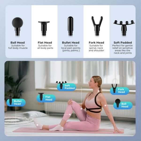 GORISE Portable Handheld Massage Gun, 8 Speeds Deep Tissue Percussion Gun Massager for Muscle Relief, Lightweight and Rechargeable, Ideal for Home, Office, and Travel Use 7PCS - Image 3