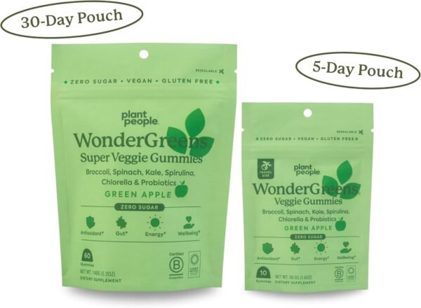 Plant People WonderGreens Veggie Gummies Super Greens with Probiotics Multivitamin Support Gummy for Wellbeing, Energy, Immune and Gut Health, Green Apple Flavor (Trial Size, 10 Count) - Image 3