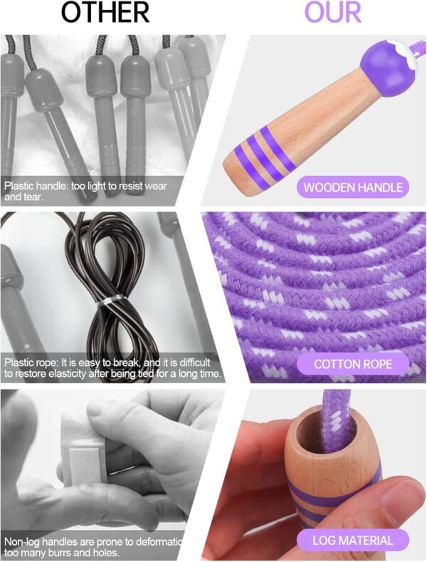 Lorvain Jump Rope for Kids, Adjustable Kids Jump Ropes for Girls Boys Toddler Fitness, Cotton Skipping Rope with Wooden Handle for Outdoor Fun Activities Exercise - 2 Pack - Image 4