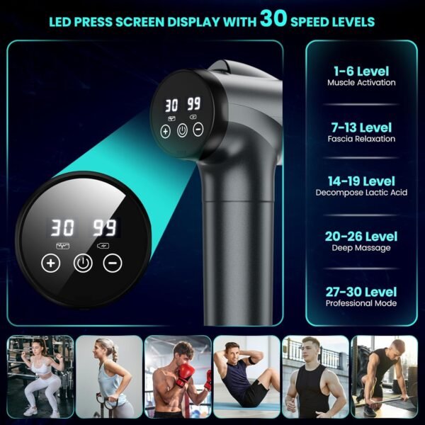 JQX Massage Gun Deep Tissue, High Percussion Back Neck Massager for Athletes, Handheld Muscle Massager Gun with 30 Speed Levels 9 Replacable Heads, Gift for Men & Women (Grey) - Image 3