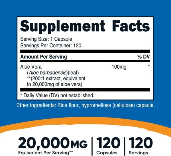 Nutricost Aloe Vera 20,000mg, 120 Capsules - Gluten Free, Non-GMO, Vegetarian Friendly (100mg of 200:1 Extract) - Image 3