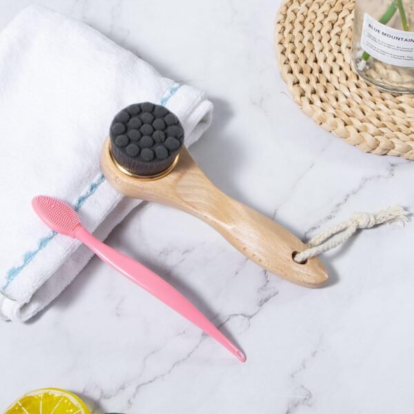 Face Scrubber with Wooden Handle, Manual Facial Cleansing Brushes for Deep Pore Cleansing, Soft Bamboo Charcoal Fiber Exfoliating Face Wash Brush and Silicone Lip Scrubber for Face Care, Black - Image 8