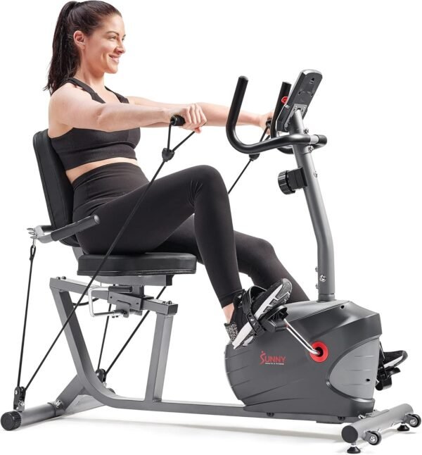 Sunny Health & Fitness Smart Indoor Recumbent Bike Trainer, Home Full Body Workout & Cardio Cycling Machine for Seniors, Free SunnyFit Bluetooth Connect, Optional Arm Exerciser Hand Cycle & Bands - Image 2
