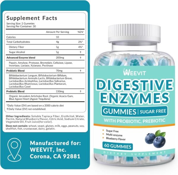 Digestive Enzymes Gummies - 2 Months Supply - Chewable Digestive Enzymes Gummy with Probiotics & Prebiotics Blend for Women Men, Sugar Free | Vegan | Blueberry Flavored (Pack of 2) - Image 7