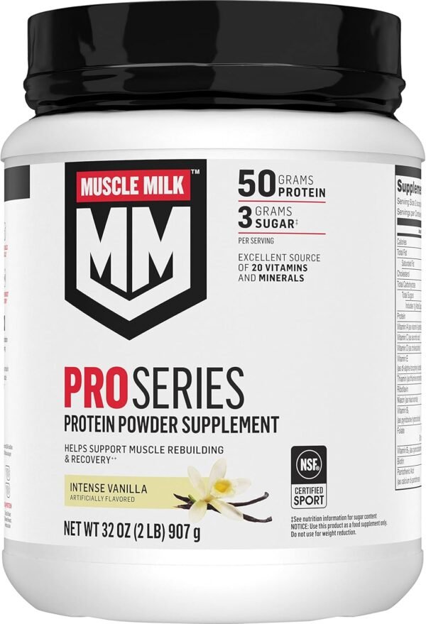 Muscle Milk Pro Series Protein Powder Supplement, Intense Vanilla, 2 Pound, 11 Servings, 50g Protein, 3g Sugar, 20 Vitamins & Minerals, NSF Certified for Sport, Workout Recovery, Packaging May Vary - Image 2
