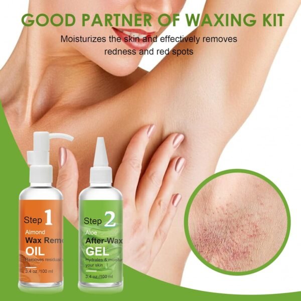 After Waxing Skin Care Kit, Almond Oil For Remove Wax Residue, Post Wax Cooling Aloe Vera Gel For Calm and Soothing Skin, 2 Bottles Hair Removal Waxing Nursing Kit for Women 3.9oz/100ml - Image 7
