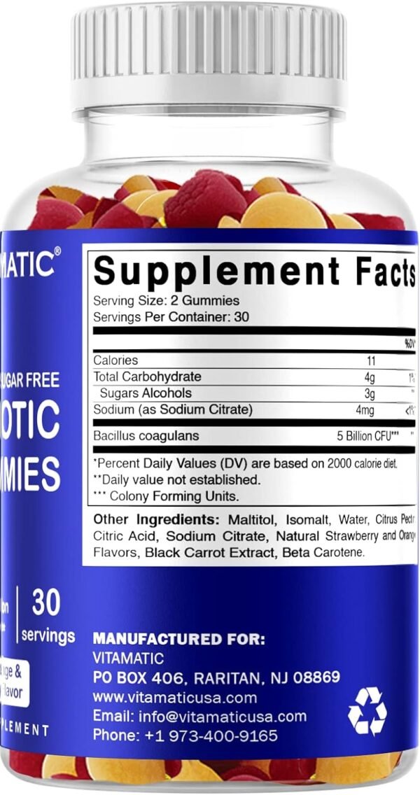 Vitamatic Probiotic Sugar Free Gummies for Men and Women 5 Billion CFUs - Digestive, Immune & Gut Health - Gluten Free - Image 7