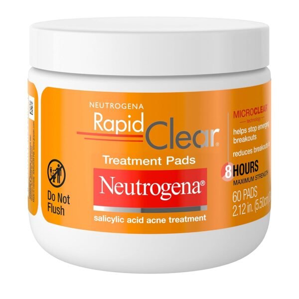 Neutrogena Rapid Clear Maximum Strength Acne Face Pads, for Acne Prone Skin, Salicylic Acid Treatment to Help Fight Breakouts, Oil-Free Facial Cleansing Pads with 2% Salicylic Acid Treatment, 60 Count - Image 2