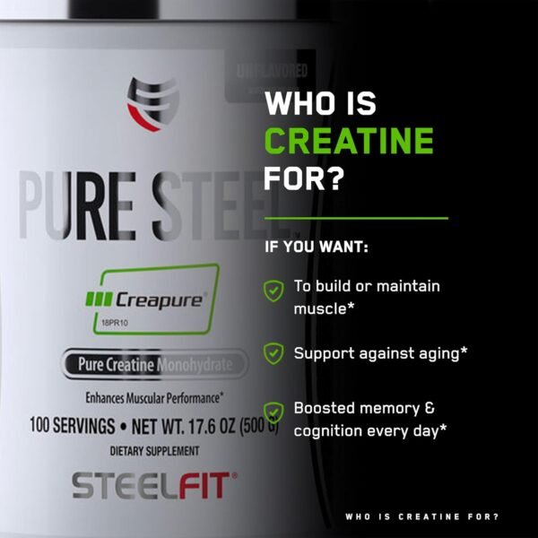 SteelFit Creapure Creatine Monohydrate Powder, Unflavored - German Micronized Creatine Powder for Men & Women - Gym Workout Nutritional Supplements for Muscle Gain, Brain Health & Strength Building - Image 3