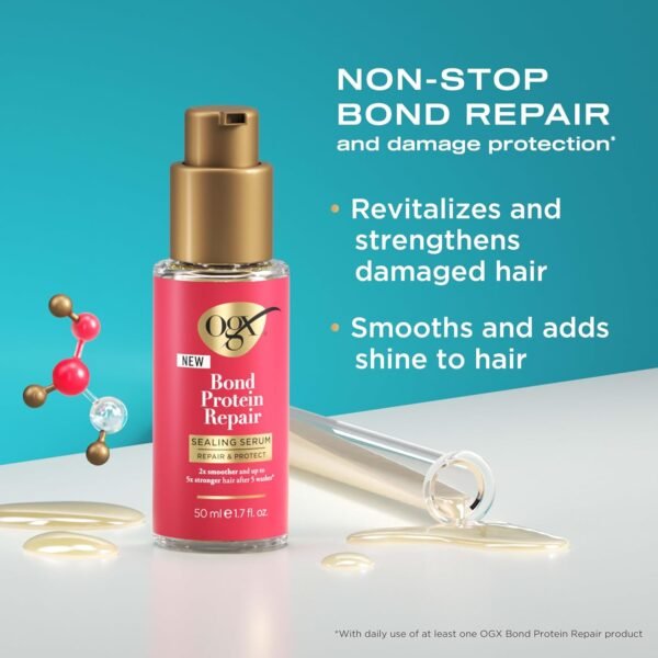 OGX Repair & Protect Bond Protein Repair Sealing Hair Serum, Sealing Hair Serum Helps Revitalize Damaged Hair for Softer, Smoother, & Stronger Hair, 1.7 fl. oz - Image 3