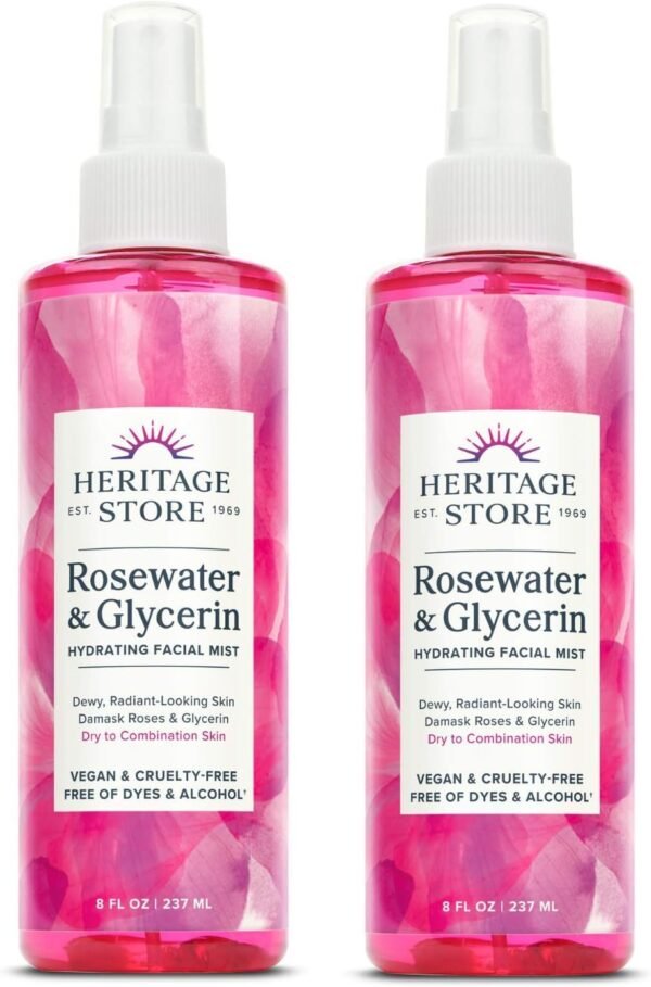 Heritage Store Rosewater & Glycerin 2-pack, Hydrating Facial Mist for Dry Combination Skin Care, Rose Water Spray for Face with Vegetable Glycerine, Made Without Dyes or Alcohol, Vegan, 8oz each - Image 2