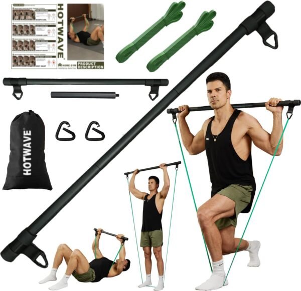 HOTWAVE Resistance Bands Bar with Ab Roller,Portable Home Gym, Strength Training Equipment, Squats, Bench Presses,Weightlifting, Full Body Exercise - Image 2