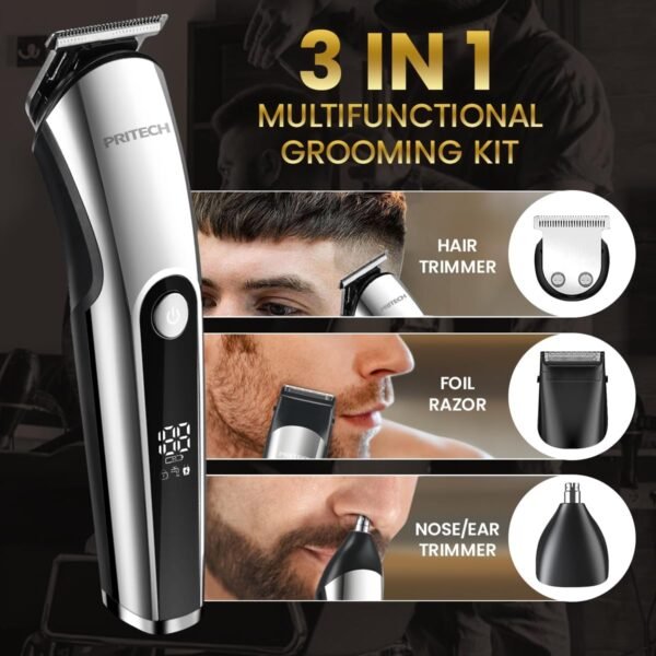 PRITECH Beard Trimmer for Men, 3 in 1 Hair Trimmer for Men Kit, Nose Ear Trimmer, Micro Shaver, Mens Grooming Set Cordless with LED Display IPX6 Waterproof (Silver) - Image 4