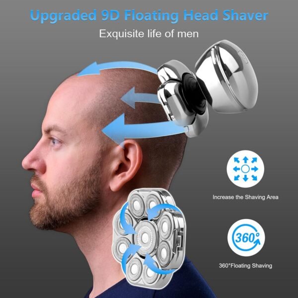 9D Head Shaver for Bald Men, 6-in-1 Bald Head Shavers for Men with Nose Hair Trimmer, Waterproof Electric Razor Grooming Kit, Wet/Dry Detachable Head Shavers with LED Display - Image 4