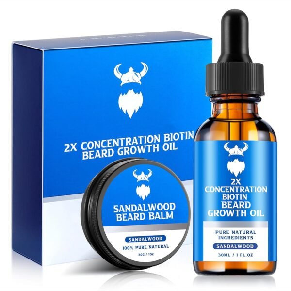 Beard Growth Oil & Beard Balm - Beard Growth Kit with 2X Concentration Biotin for Men, Natural Ingredients with Argan Oil, Jojoba Oil and Vitamin (Sandalwood) - Image 2