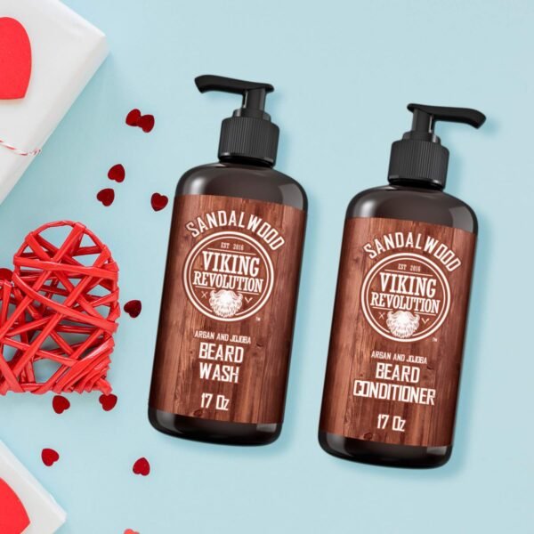 Viking Revolution Beard Wash & Beard Conditioner Set with Argan & Jojoba Oils - Softens and Strengthens - Natural Sandalwood Scent - Beard Shampoo with Beard Oil (17 oz) - Image 4