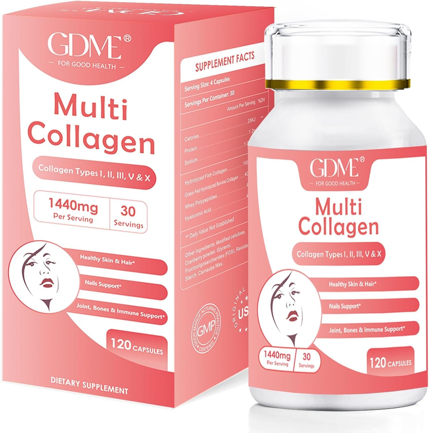 GDME Multi Collagen Peptides Powder for Women - Type I, II, III, V, X - Hydrolyzed Collagen Peptides, Supports Skin Hair Nail & Joint, Grass-Fed, Non-GMO, 120 Capsules - Image 2