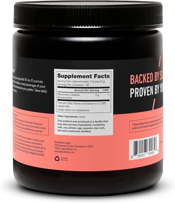 LEGION Micronized Creatine Monohydrate Supplement - Clean Creatine Powder for Muscle Gain & Post Workout Recovery - Micronized Creatine Supplement for Maximum Absorption (60 Servings, Unflavored) - Image 4