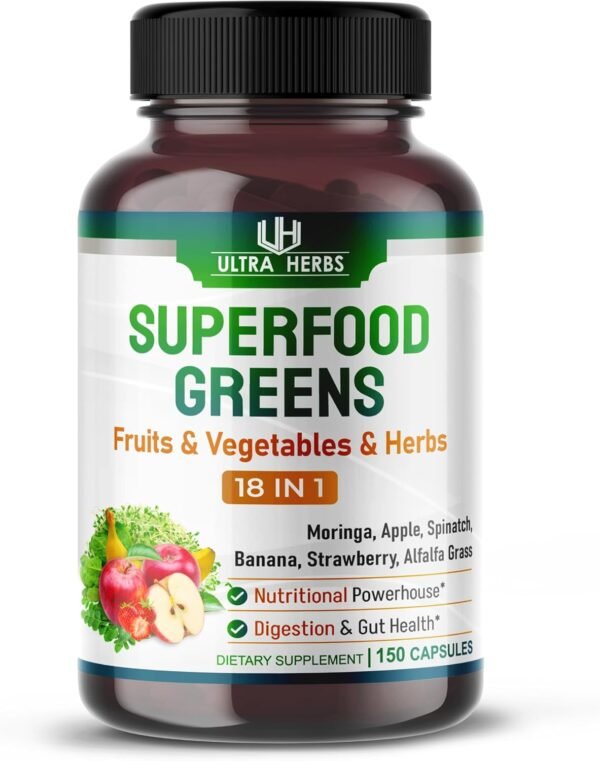 Superfood Greens 18 IN 1 - 18,100mg with Fruits & Vegetables & Herbs -Moringa, Alfalfa, Apple, Spinatch, Banana, Strawberry- Boost Energy, Immunity and Gut Health (150-day supply (pack of 1)) - Image 2