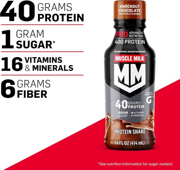 Muscle Milk Pro Advanced Nutrition Protein Shake, Knockout Chocolate, 14 Fl Oz Bottle, 12 Pack, 40g Protein, 1g Sugar, 16 Vitamins & Minerals, 6g Fiber, Workout Recovery, Packaging May Vary - Image 4