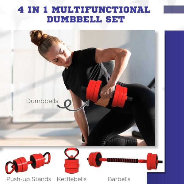 Soozier Adjustable Dumbbell Sets, 4 in1 Weights Dumbbells Set Used as Barbell, Kettlebells, Push up Stand, Free Weight Set for Men and Women Home Gym Training, Red 44/55/66lbs - Image 4