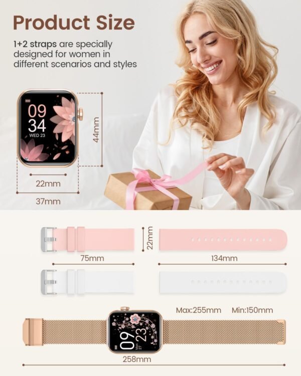 Smart Watches for Women,Fitness Tracker Watch for Android Phones/iPhone Compatible,1.85" Womens Watch with Blood Pressure Monitor,Calls and Messages/Heart Rate/Sleep/Female Cycle(3 Watch Bands) - Image 8