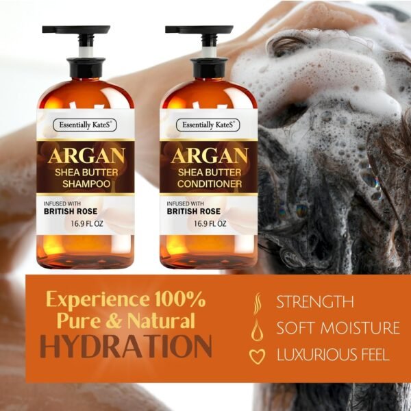 Argan Shea Butter Shampoo and Conditioner Infused with Rose Extract 16 Fl Oz Set, Pack of 2 - Long Lasting Moisturizing Effect - Curly and Wavy Hair - Image 3