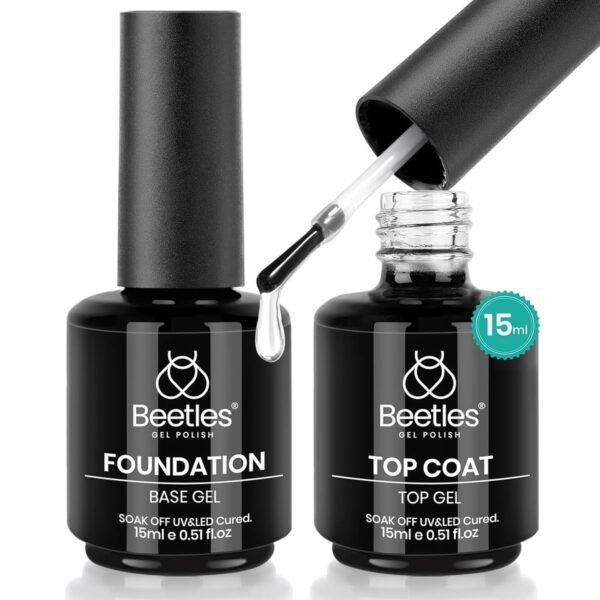 Beetles 2 Pcs 15ml No Wipe Gel Top Coat and Base Coat Set - Shine Finish and Long Lasting, Soak Off LED Nail Lamp Gel Base Top Coat Finish Nail Art Design Manicure Valentine’s Day Gifts for Women - Image 2