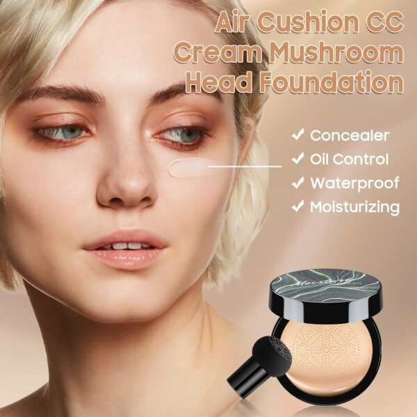 Mushroom Head Air Cushion CC Cream - BB Cream Foundation Makeup Moisturizing Concealer Long Lasting Waterproof With Powder Puff, Even Skin Tone (Nude, Pack of 1) - Image 4