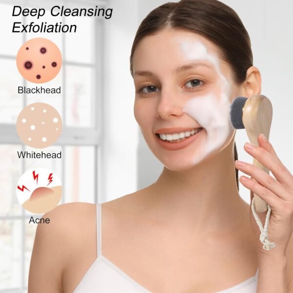 Face Scrubber with Wooden Handle, Manual Facial Cleansing Brushes for Deep Pore Cleansing, Soft Bamboo Charcoal Fiber Exfoliating Face Wash Brush and Silicone Lip Scrubber for Face Care, Black - Image 5