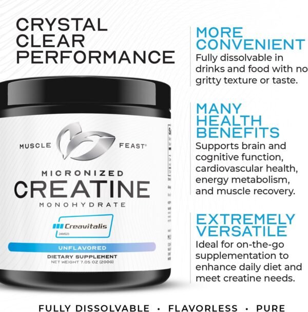 Muscle Feast Creavitalis Micronized Creatine Monohydrate Powder | Premium Pre-Workout or Post-Workout | Easy to Mix, Gluten-Free, Safe and Pure, Unflavored, 200g - Image 5