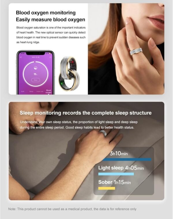 Smart Fitness Tracker Ring, Sleep Monitoring Pedometer Ring with APP for Android iOS, IP68 Waterproof Stainless Steel Health Tracker with Charging Case, Couple's Ring, Gift - Image 5