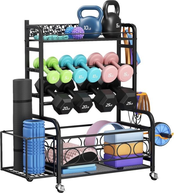 Weight Rack for Dumbbells, Dumbbell Rack Weight Stand, VOPEAK Home Gym Storage Rack for Yoga Mat Kettlebells and Strength Training Equipment, Weight Storage Holder Rack for Dumbbells with Wheels - Image 2